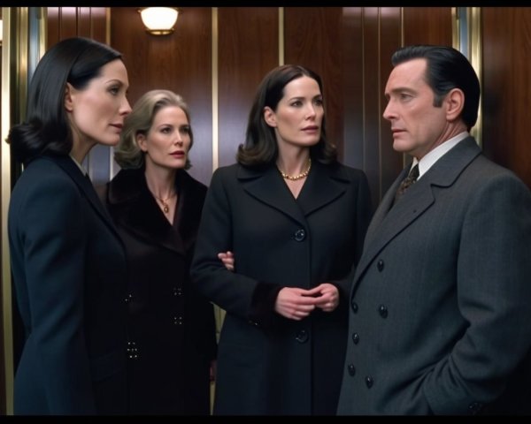 Four Adults in Elevator with Dark Wooden Walls