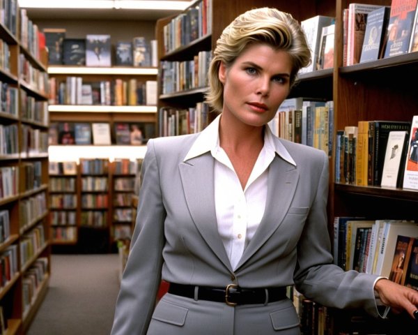 Confident Woman in Gray Suit in Bright Library Setting