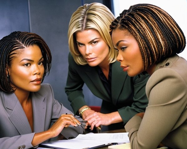 Three Professional Women Analyzing Documents at Desk
