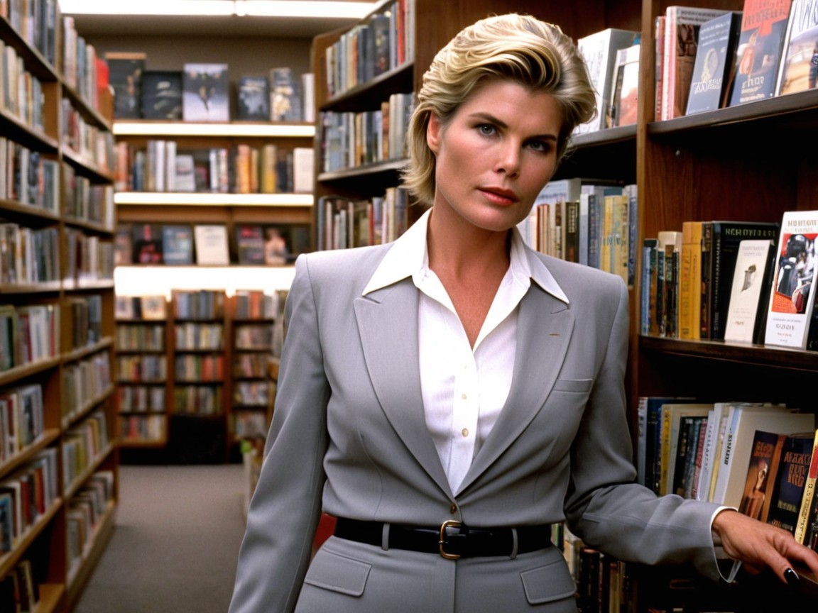 Confident Woman in Gray Suit in Bright Library Setting