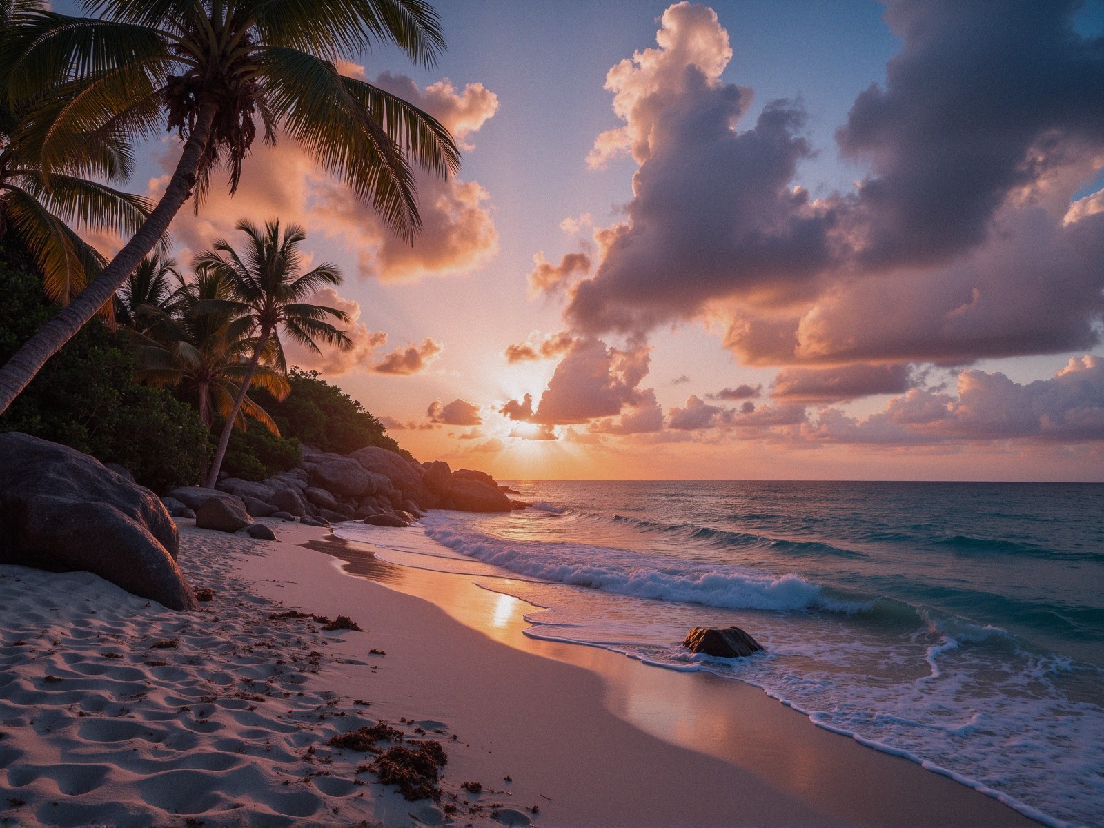 Serene Beach Sunset with Palm Trees and Vibrant Sky