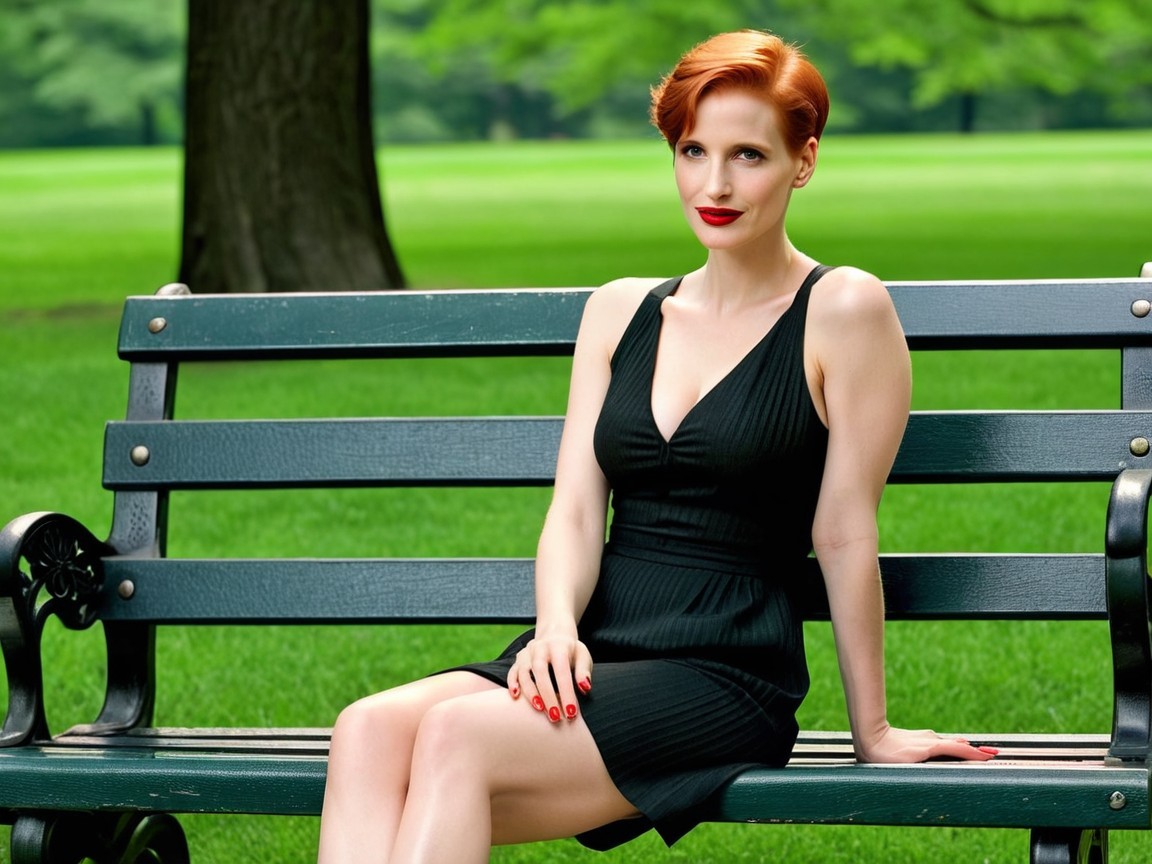 Confident Woman in Black Dress on Park Bench