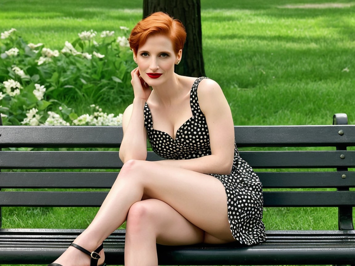 Woman with Red Hair on Park Bench in Polka Dot Dress