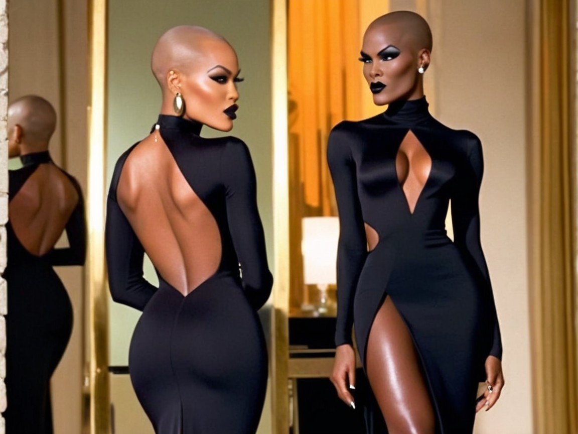 Bald Model in Elegant Black Gown with Cutouts