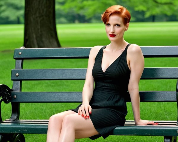 Confident Woman in Black Dress on Park Bench