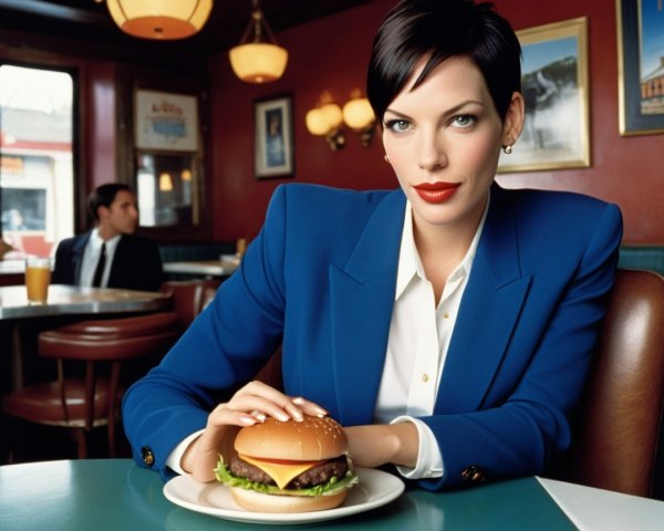 Woman in Blue Blazer at Diner with Hamburger