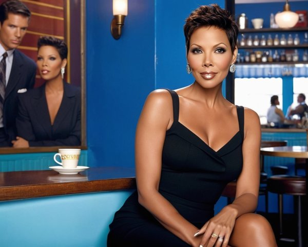 Stylish Woman in Black Dress at Modern Café Setting