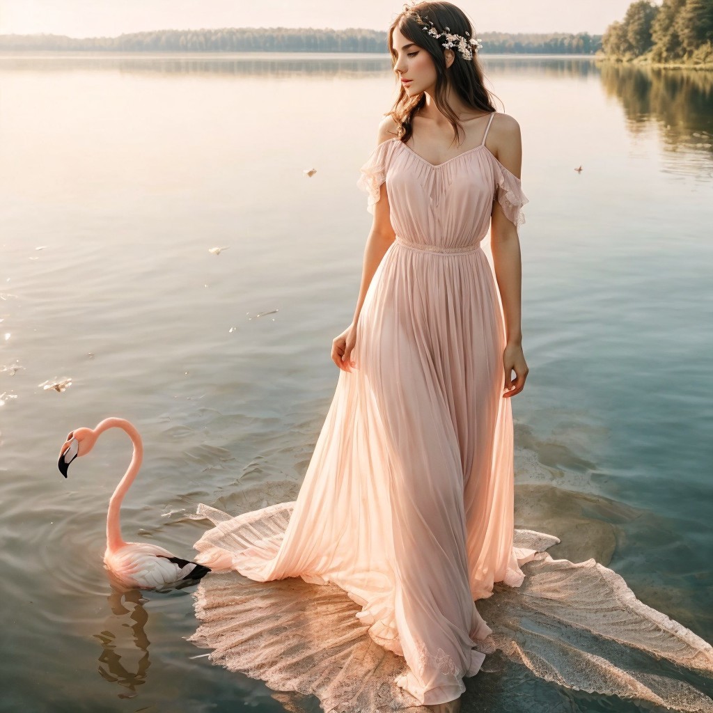 Young Woman in Pink Gown by Shimmering Lake