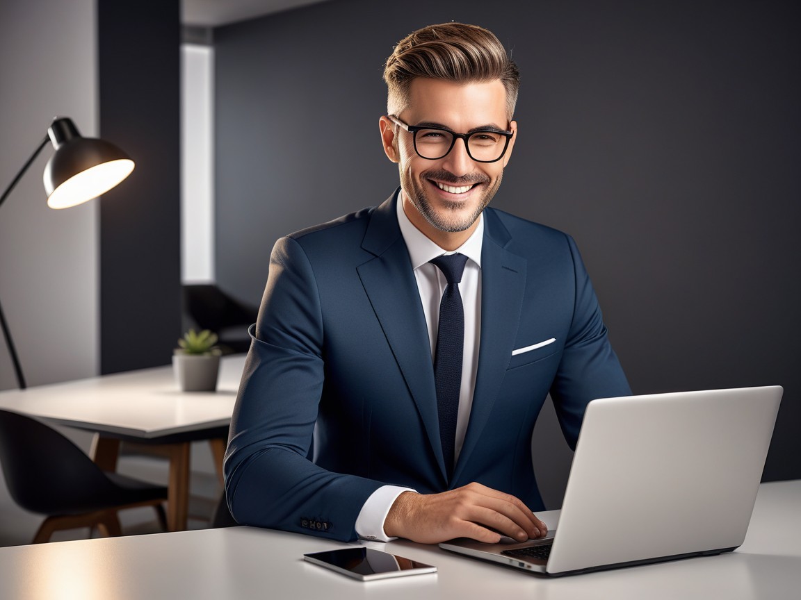 Young man in blue suit at modern desk setting