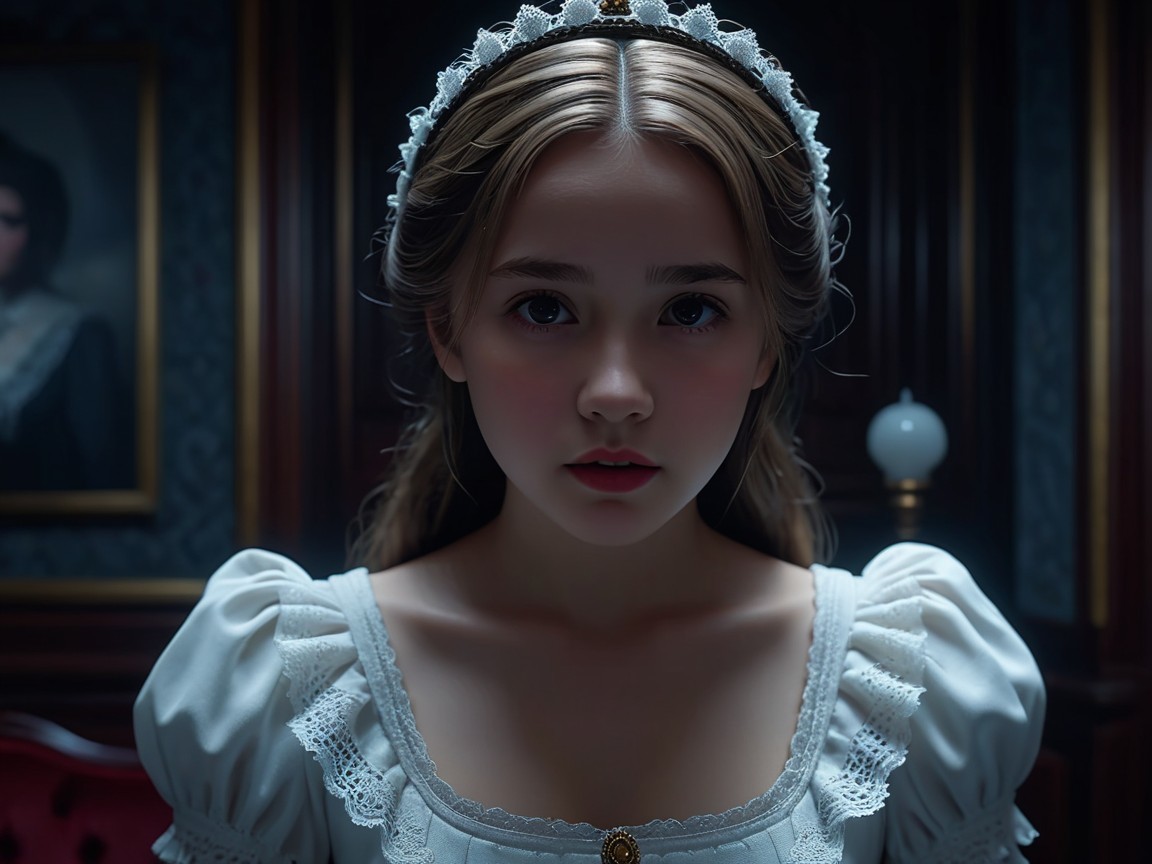 Young girl in Victorian dress in dimly lit room