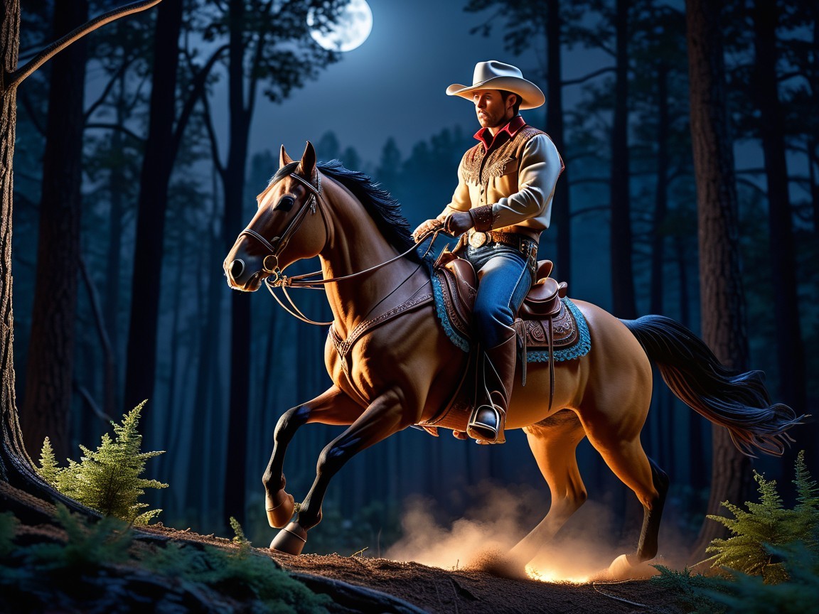 Cowboy on Horse in Moonlit Forest Scene