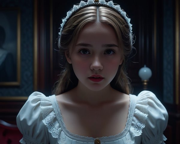 Young girl in Victorian dress in dimly lit room