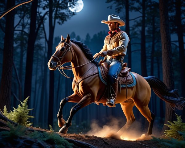 Cowboy on Horse in Moonlit Forest Scene