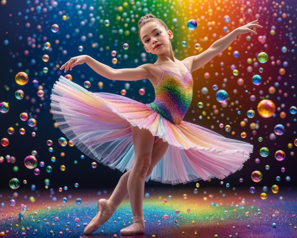 Young Ballerina in Colorful Tutu Amid Bubbles