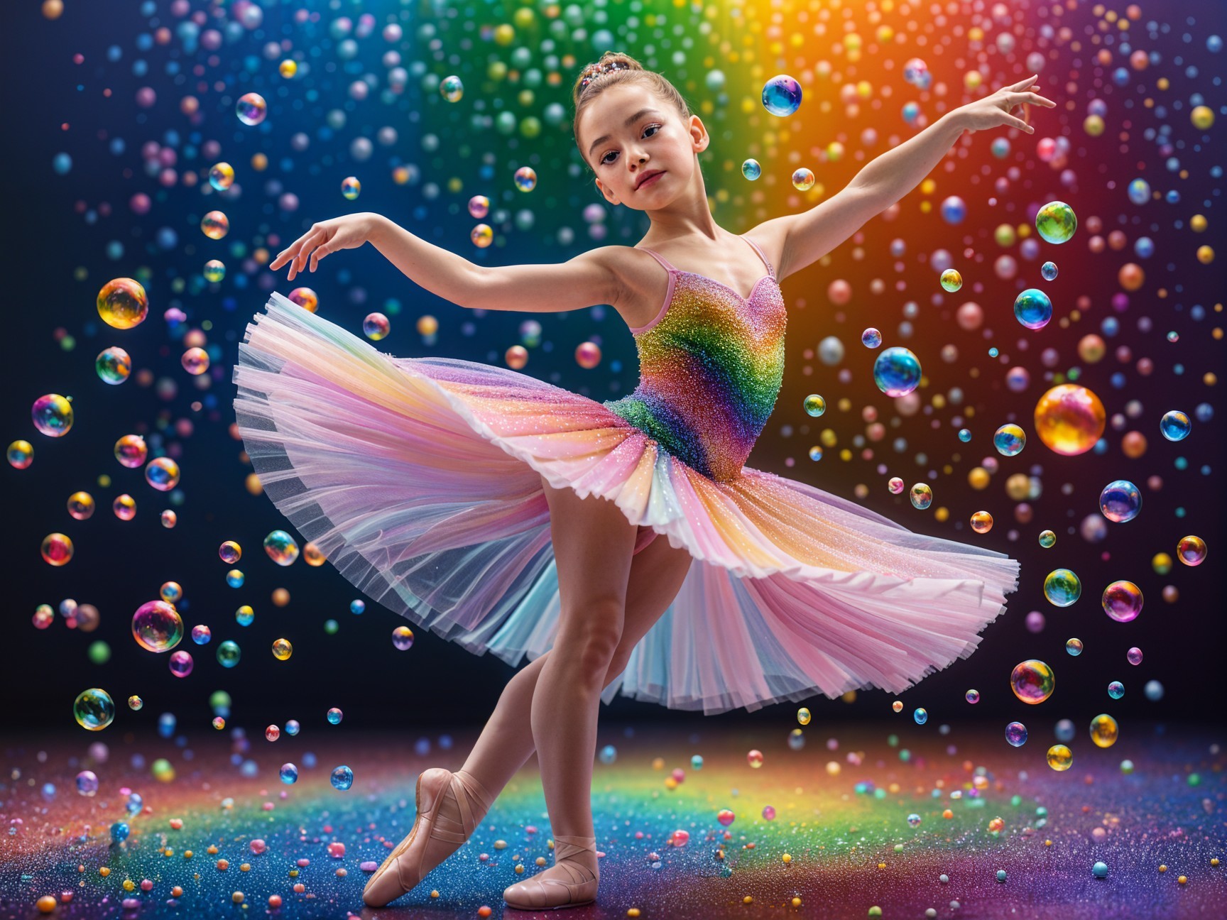 Young Ballerina in Colorful Tutu Amid Bubbles