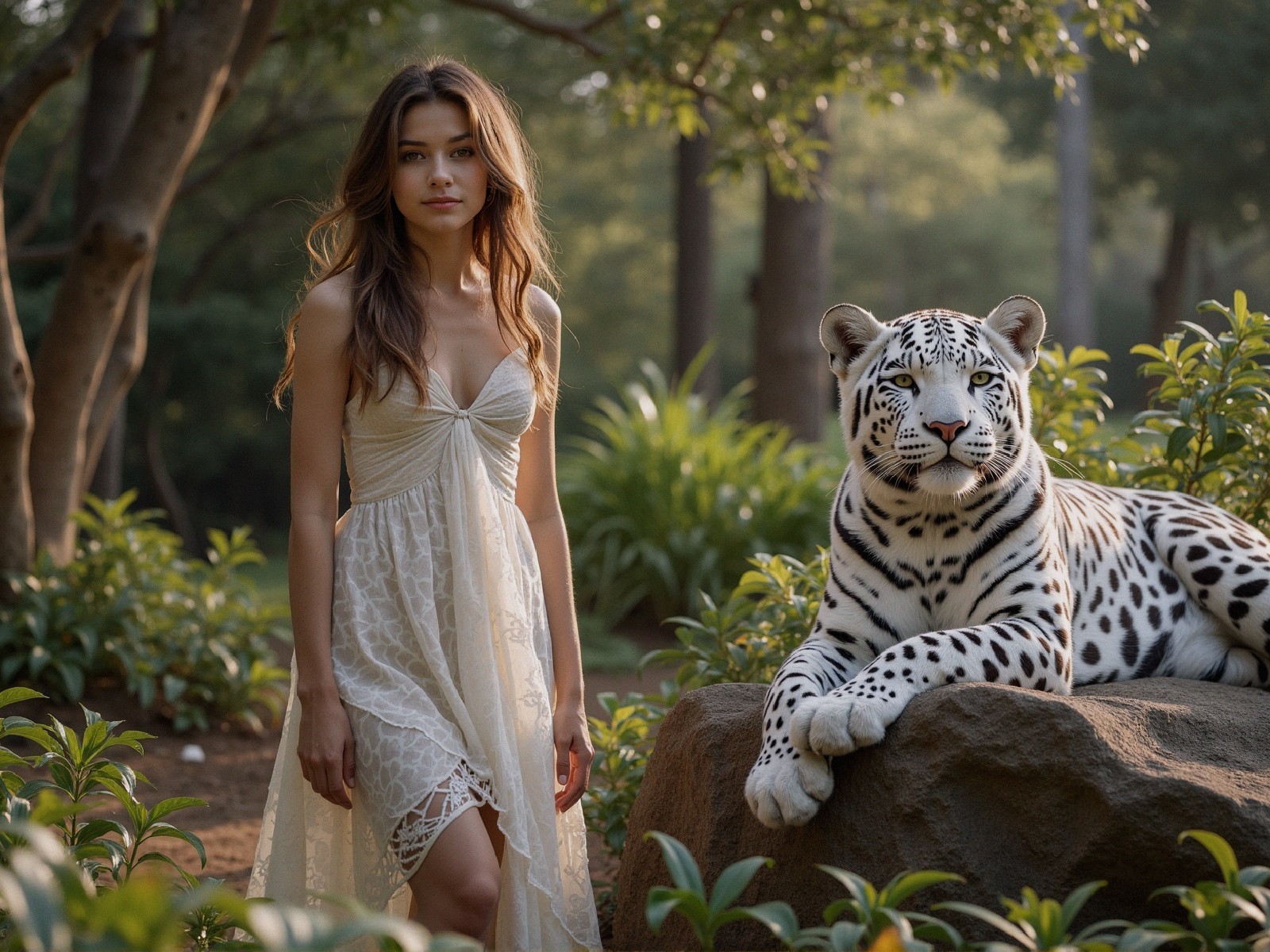 Young Woman and White Jaguar in Natural Setting