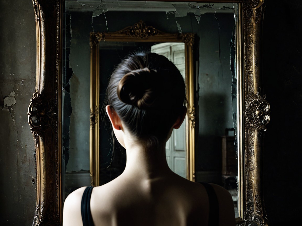 Young woman in front of ornate mirror in vintage room