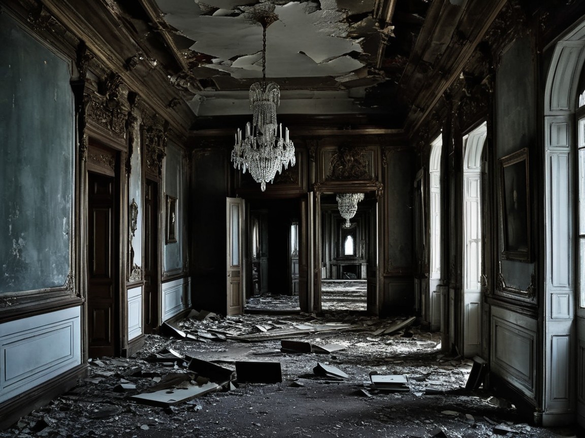 Abandoned Hallway in a Decayed Old Mansion