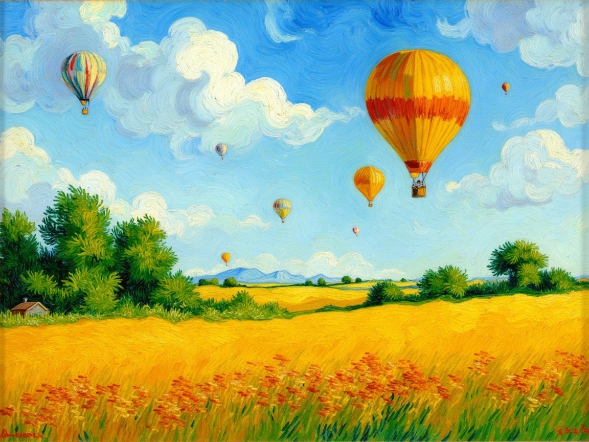 Vibrant landscape with fields, trees, and hot air balloons
