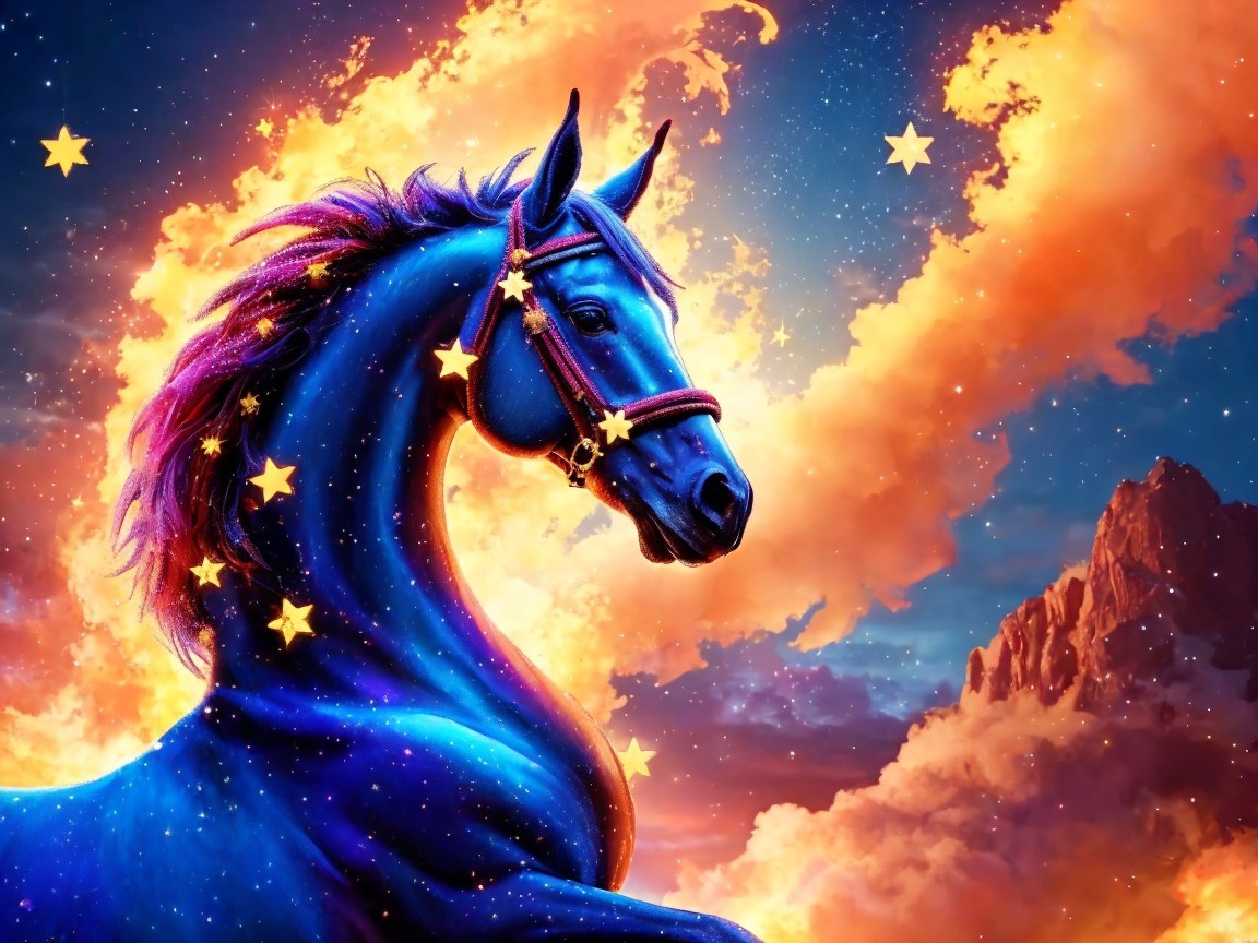Blue Horse with Starry Mane in Vibrant Sky