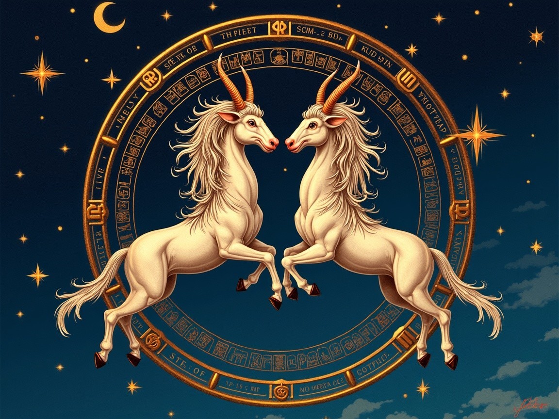 Unicorns in a Starry Zodiac Scene with Moon and Stars
