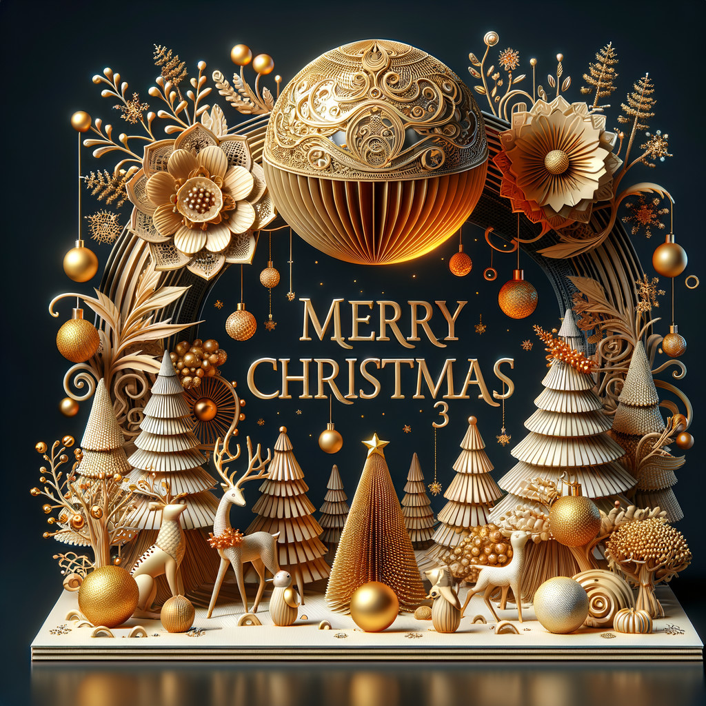 3D Christmas Scene with Gold Ornament and Decoratives