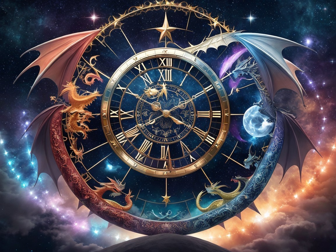 Cosmic Clock Surrounded by Dragons and Stars