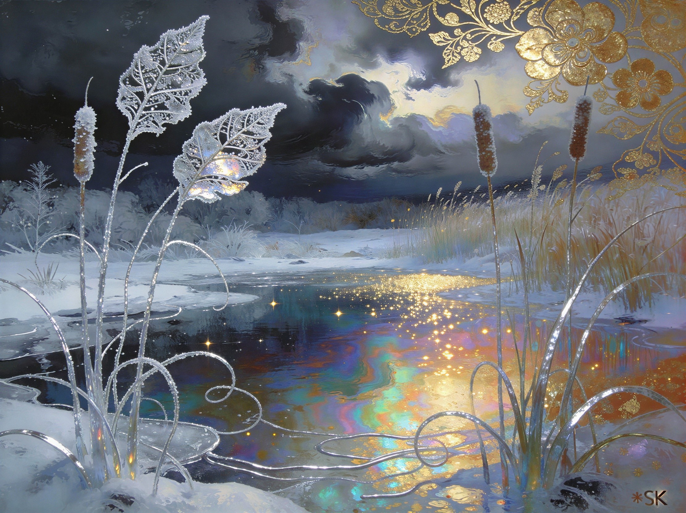 Winter Landscape with Glowing Plants and Reflective Lake