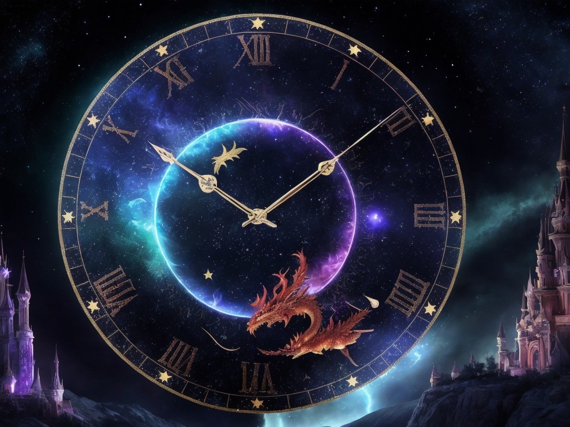 Fantastical Clock with Dragon in Cosmic Setting