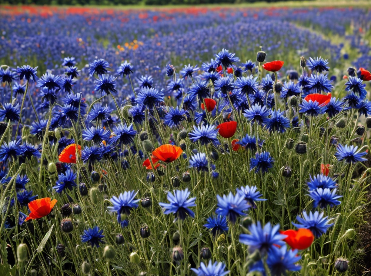 Vibrant Field of Blue Cornflowers and Red Poppies