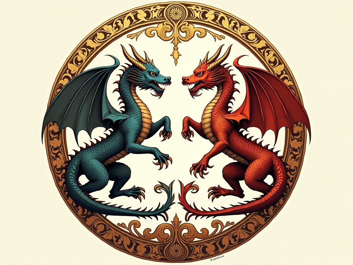 Dragons in Blue and Red Facing in Ornate Circle