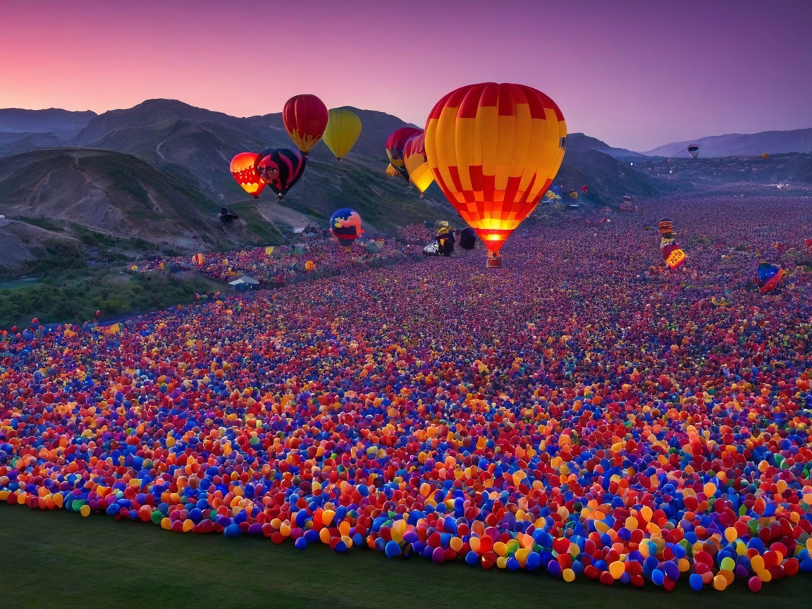 Hot Air Balloons in Colorful Dusk Landscape Scene