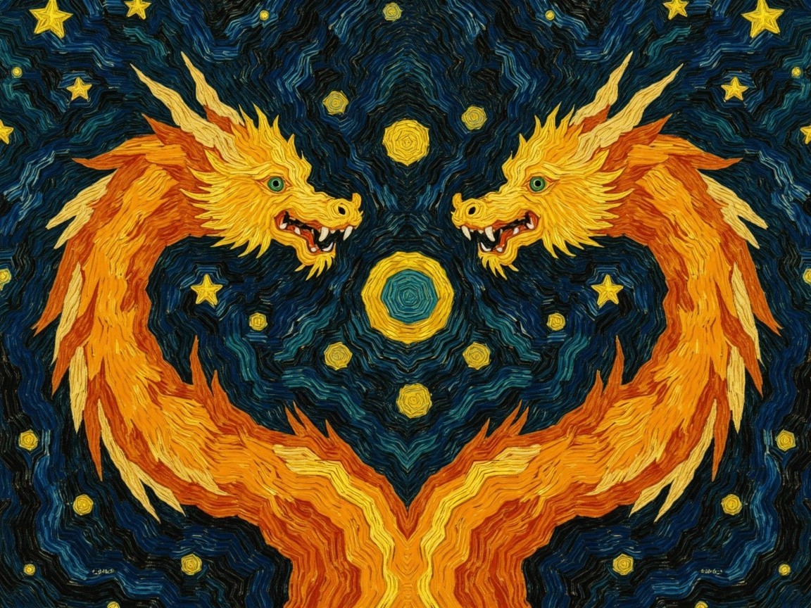 Vibrant Dragons in a Starry Night Sky Scene