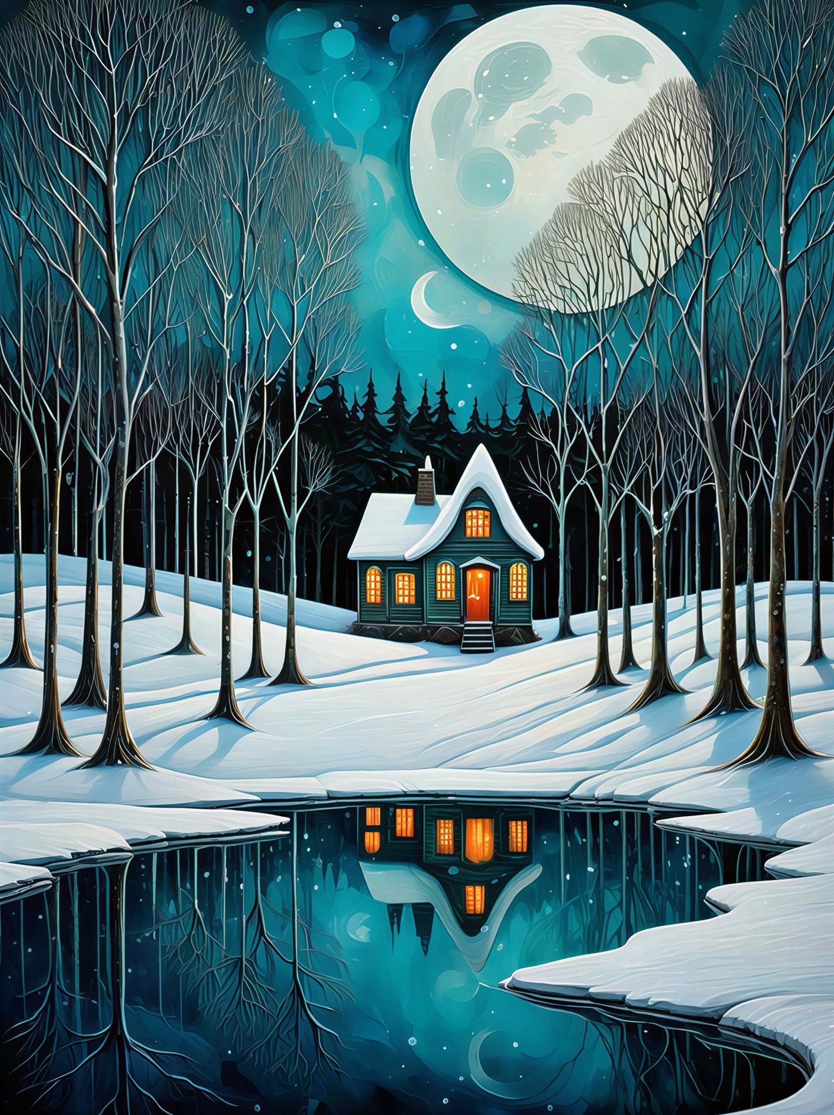 Intricate Winter Night Landscape with Moonlit House