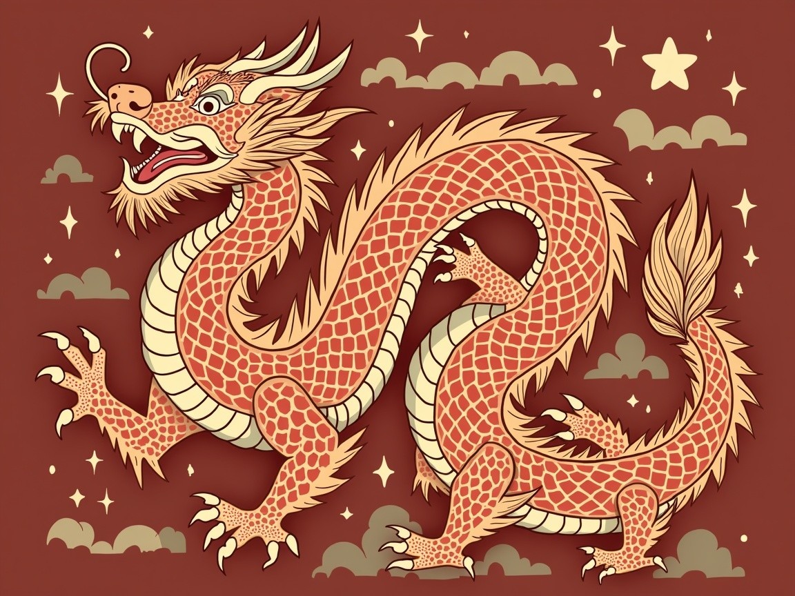Vibrant Dragon on Burgundy Background with Clouds and Stars