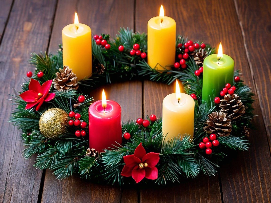 Festive Holiday Wreath with Candles and Poinsettias