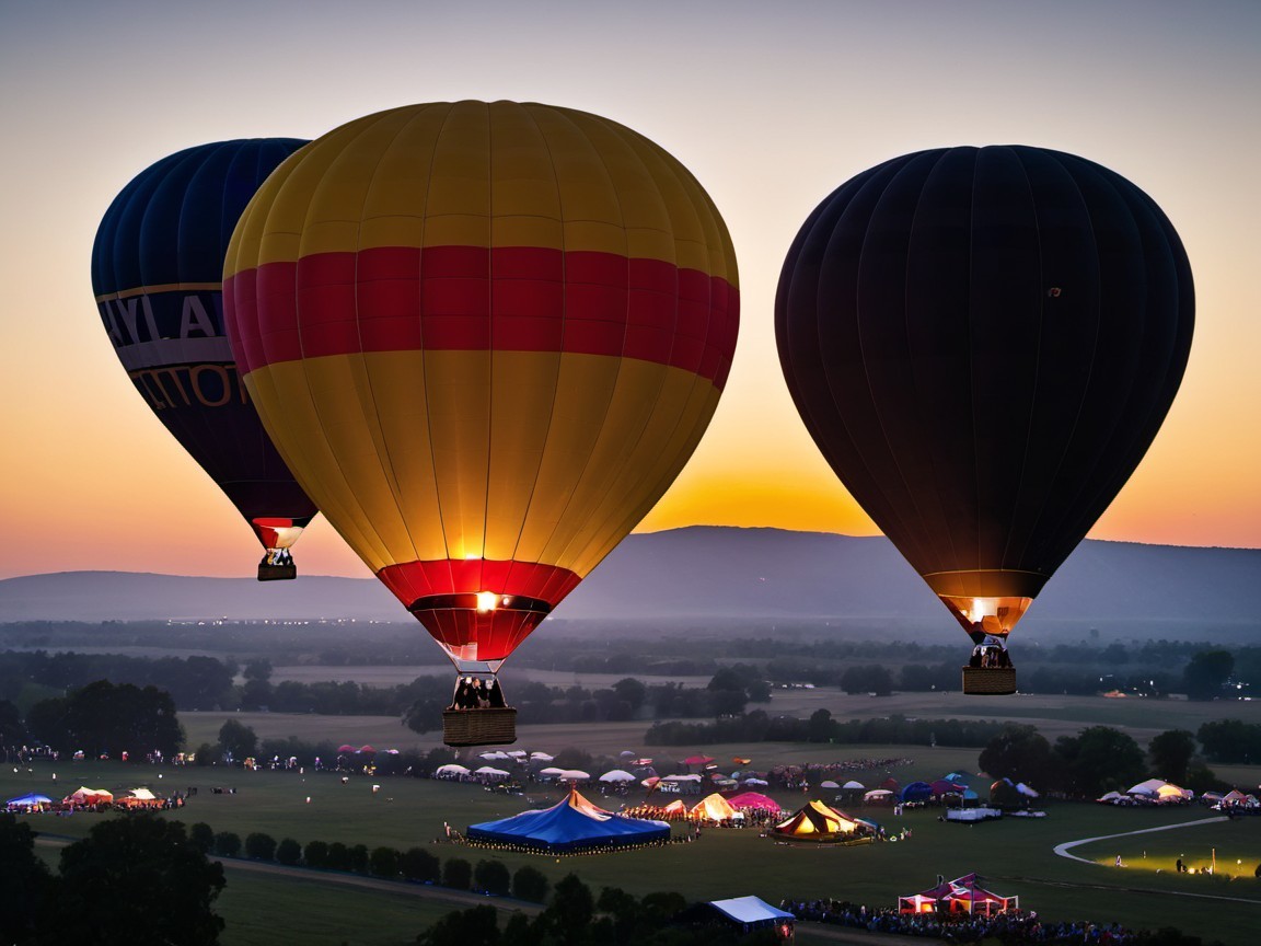 Hot Air Balloons at Twilight Over Festival Scene