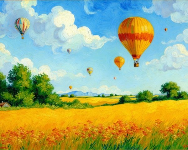 Vibrant landscape with fields, trees, and hot air balloons