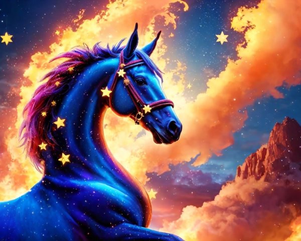 Blue Horse with Starry Mane in Vibrant Sky