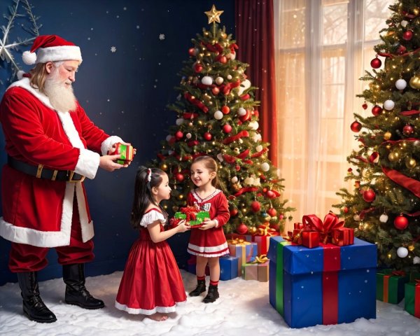 Christmas Scene with Santa and Gift-Giving Girls