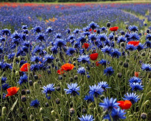 Vibrant Field of Blue Cornflowers and Red Poppies
