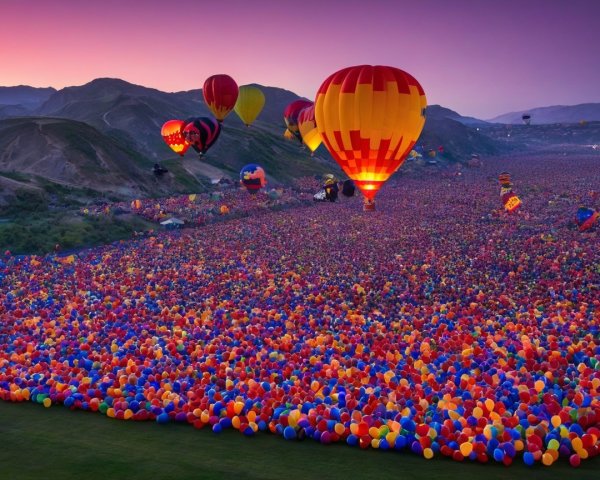 Hot Air Balloons in Colorful Dusk Landscape Scene