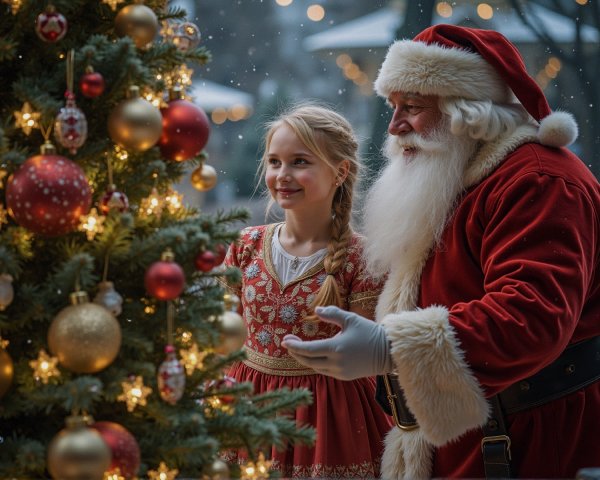 Young Girl with Santa Claus by a Decorated Christmas Tree