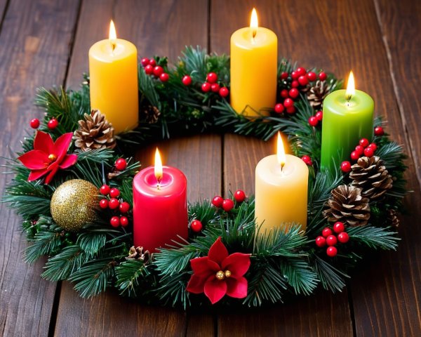 Festive Holiday Wreath with Candles and Poinsettias