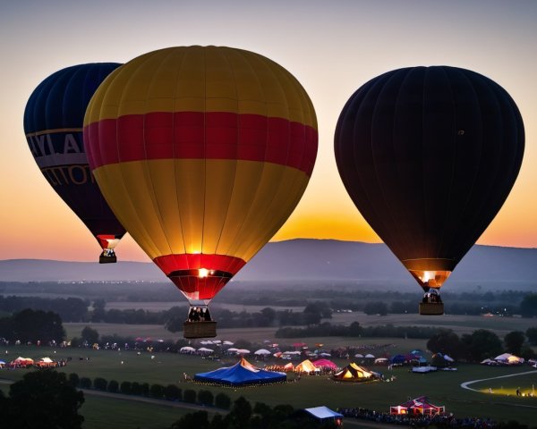Hot Air Balloons at Twilight Over Festival Scene
