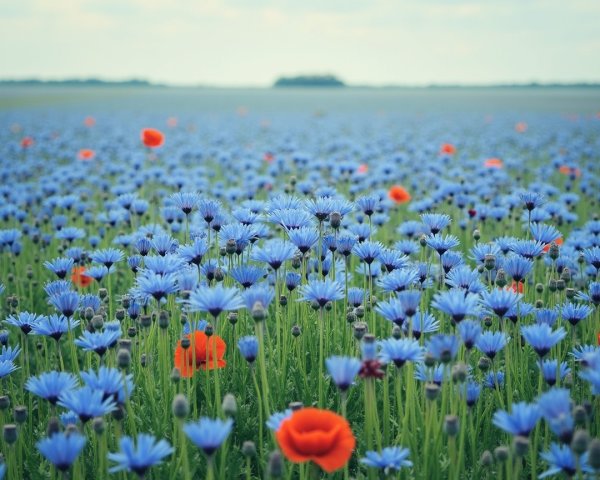 Vibrant Blue Flower Field with Red Poppies Under Sky