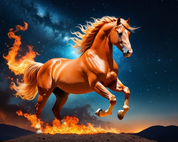 Majestic orange horse galloping under starry night sky