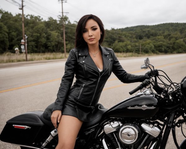 Stylish woman in leather jacket poses on motorcycle
