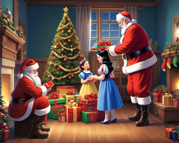 Cozy Christmas Scene with Santa and Gift Exchange