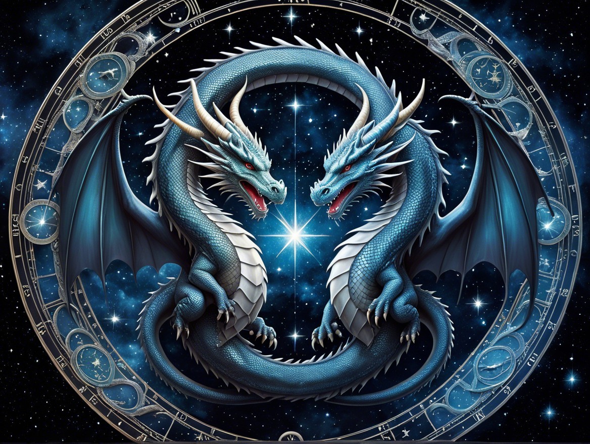Blue Dragons in Cosmic Background with Astrological Symbols